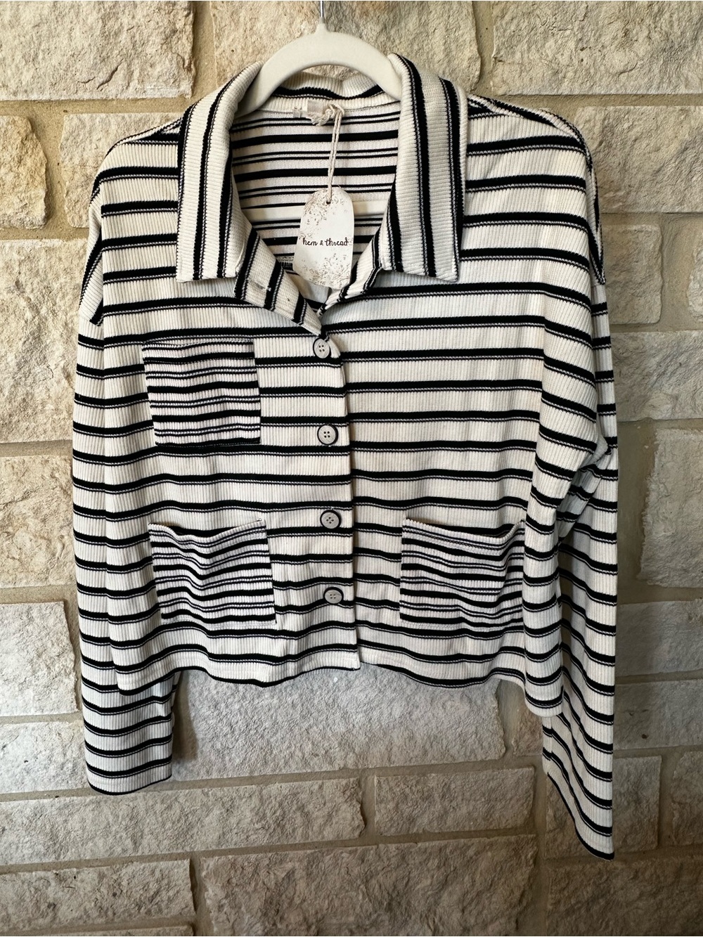 NWT Hem & Thread Striped Ribbed Button-Up Shacket - Black & Cream